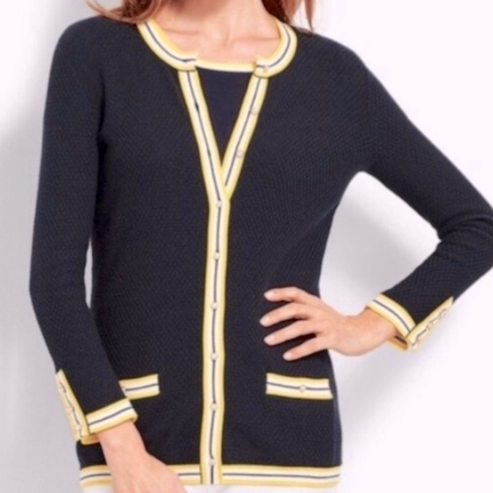 Talbots Navy Blue Longline Cardigan Yellow Trim Pearl Buttons Sz M